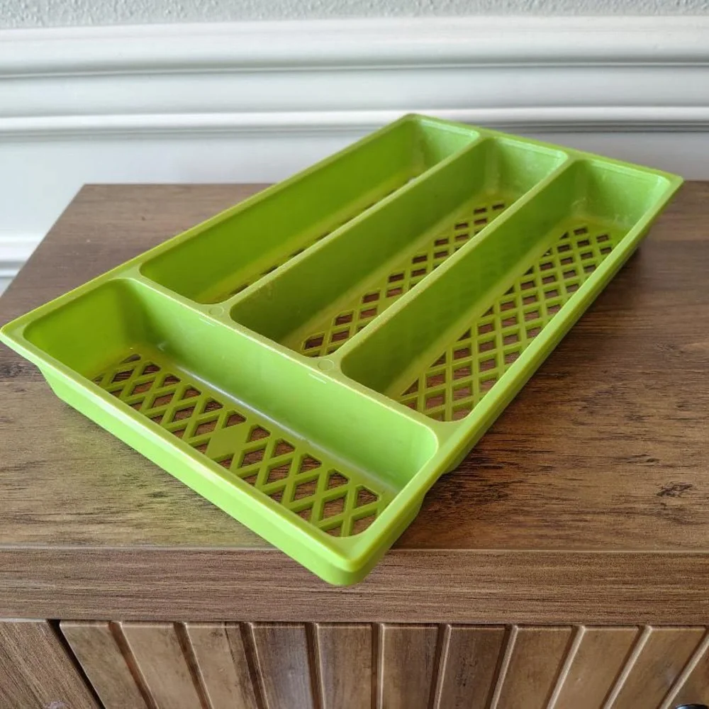 Vtg Plastic Utensil Drawer Organizer Silverware Holder Lattice Avocado Green